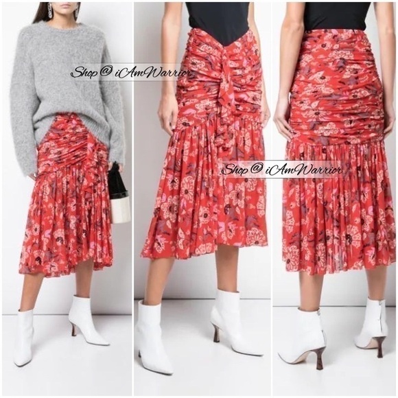 cinq a sept Dresses & Skirts - Cinq a Sept NWT ruched ruffle floral cherry red midi skirt *Shop@iAmWarrior